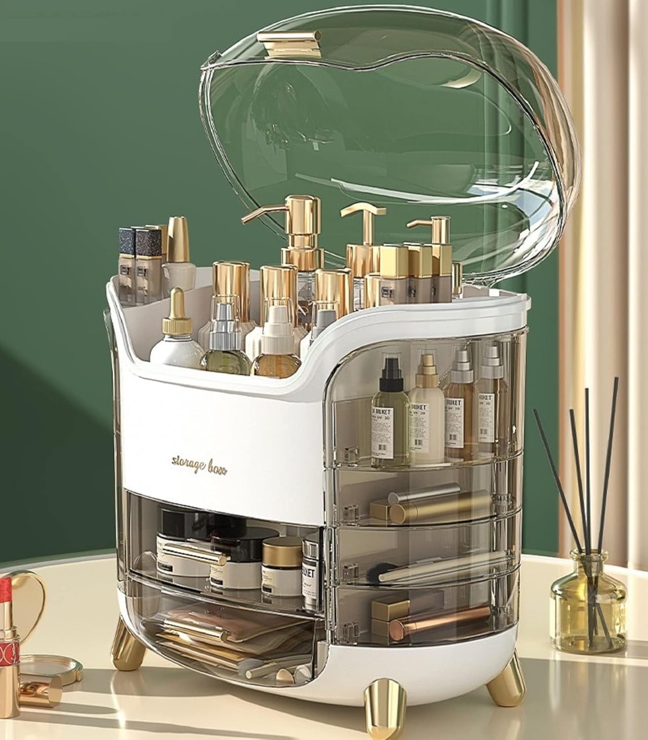 Boniry Makeup Organizer Box | Countertop Cosmetic Organizer for Woman | Transparent Clear Makeup Organizer Box | Organize for Cosmetic Products (White)-image-4