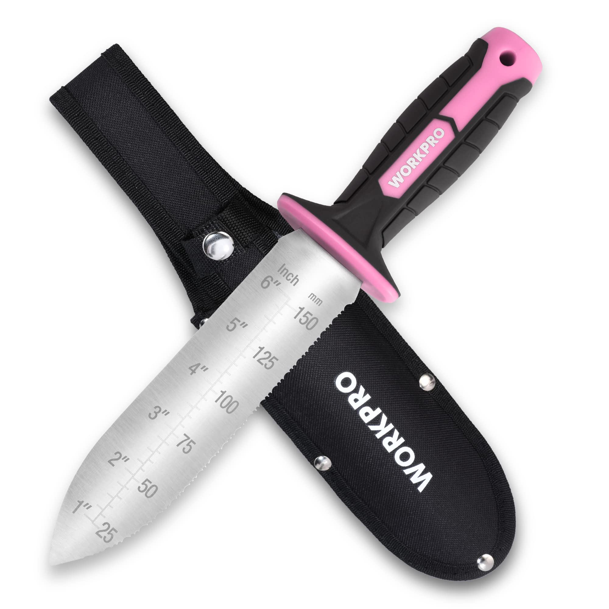 WORKPRO Hori Hori Garden Knife, 7" Stainless Steel Blade with Cutting Edge, Garden Tools with Oxford Sheath, Ergonomic TRP Handle with Hanging Hole for Weeding, Planting, Digging, Pink Ribbon