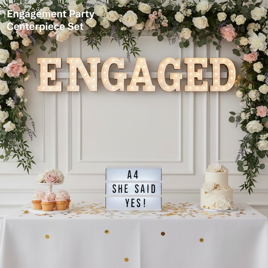 Juego de 9 piezas de decoración de fiesta de compromiso con 7 letras LED comprometidas, caja de luz retro con 96 letras y personajes, y confeti brillante para decoración de propuesta de boda