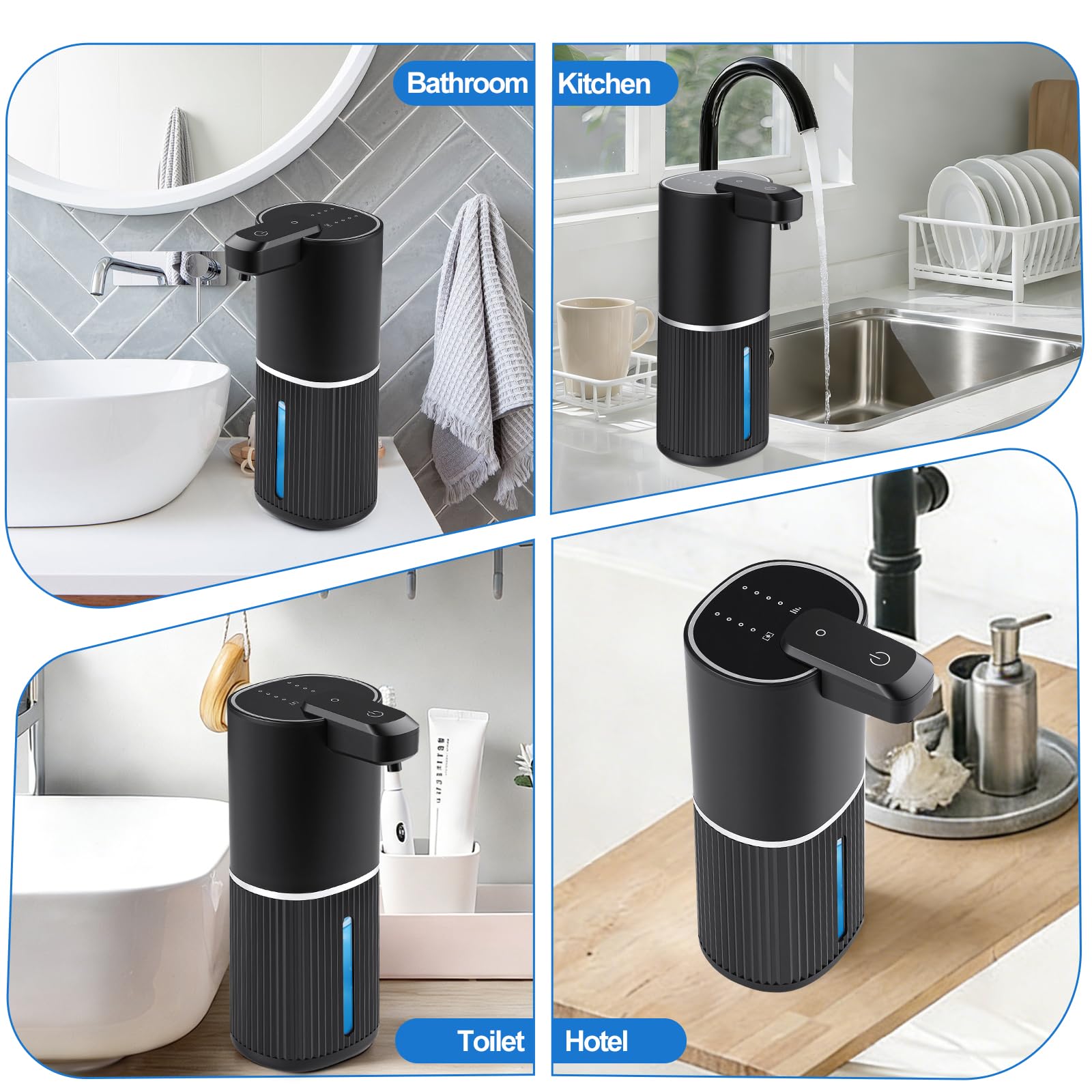 Automatischer Seifenspender, berührungslos, 4-stufiger, wiederaufladbarer Handseifenspender, 380 ml, Wandmontage, Arbeitsplatte für Badezimmer, Küche, Spülseife