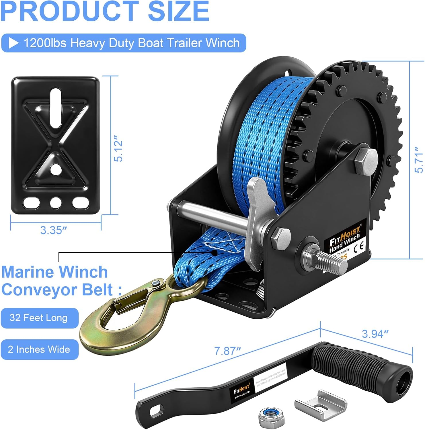 1200lbs Heavy Duty Boat Trailer Winch,Portable Hand Crank Winch with 33ft Polyester Strap, 4:1Gear Hand Winch with two Way Ratchet and Two Speed Switchable for Boat, Truck, Trailer, RV, ATV, Jet Ski