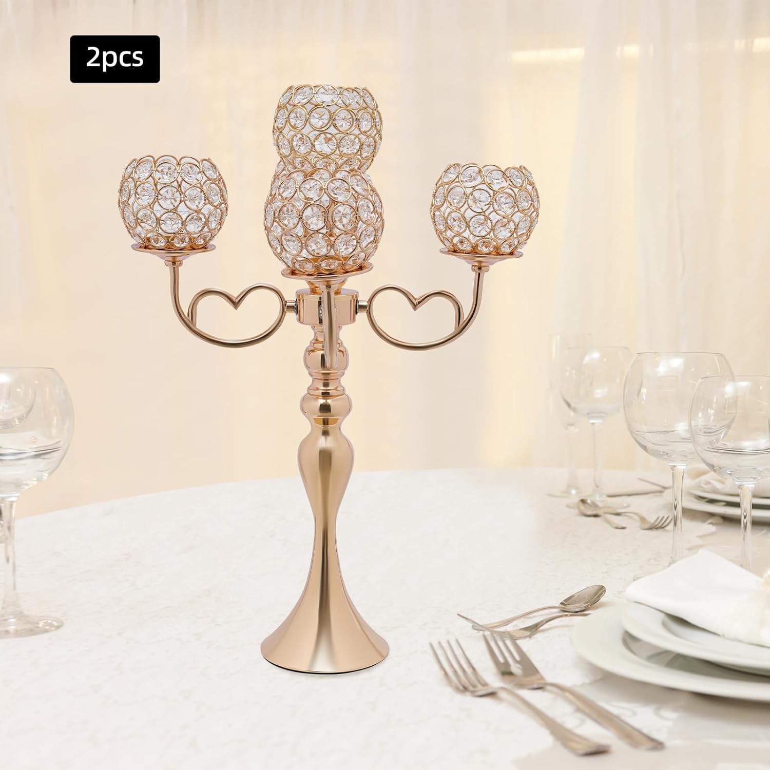 2 Pack 5 Arm Crystal Candelabra Centerpieces,21.5 Inch Tall Crystal Candle Holder Table Candelabra Stand with Crystal Candle Holder Bowl for Wedding Centerpieces Dining Coffee (Gold)