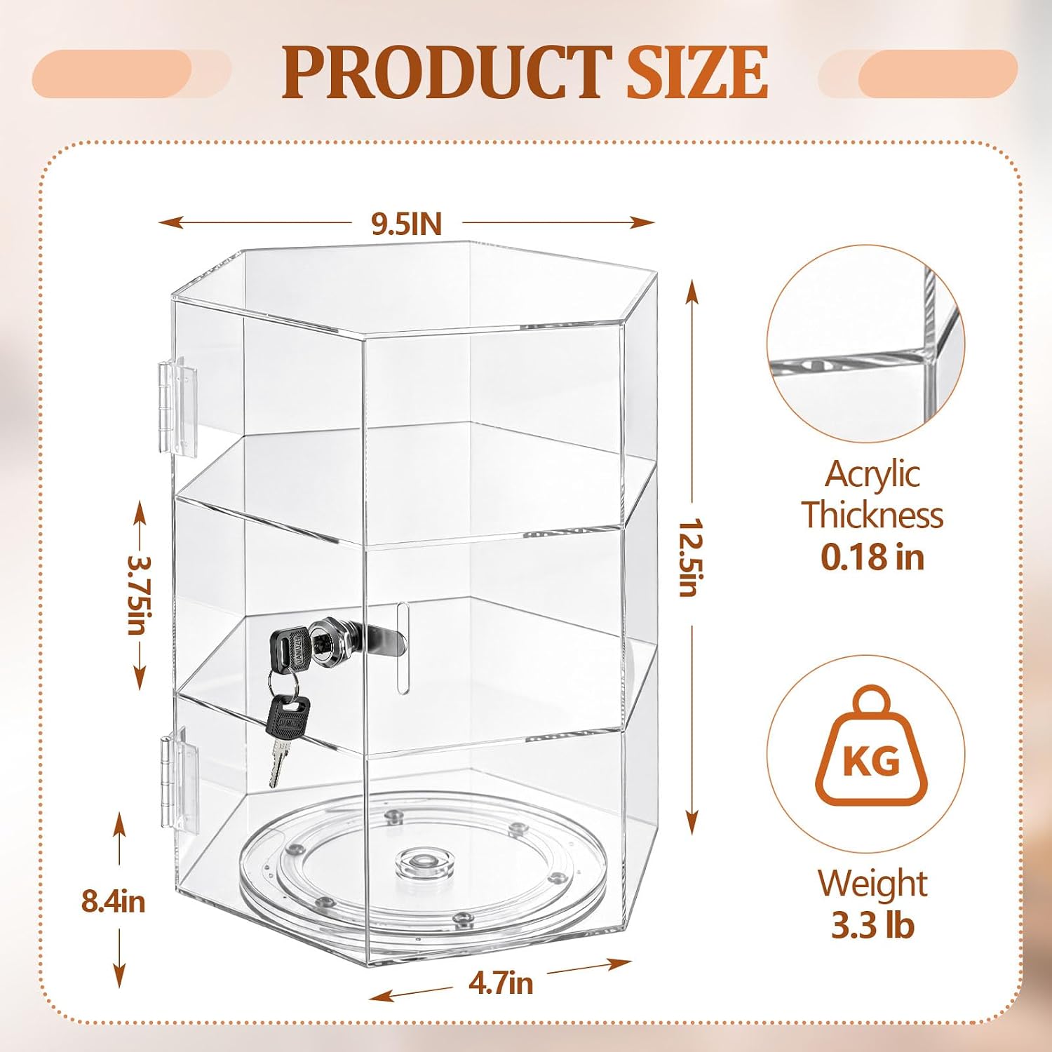 colingmill 12" h rotating jewelry display case with lock and keys, 360-degree locking acrylic clear cabinet for collectibles, safe showcase for office retail store bread holder