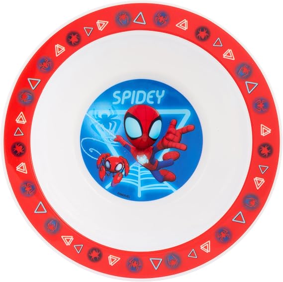 Marvel Spidey and Friends Glow 3pc Tableware Set – Includes Plate, Bowl, and Twisty Straw Tumbler Featuring Spidey, Trace-E, Ghost, and Miles Morales 48 Months UP, Blue & Red