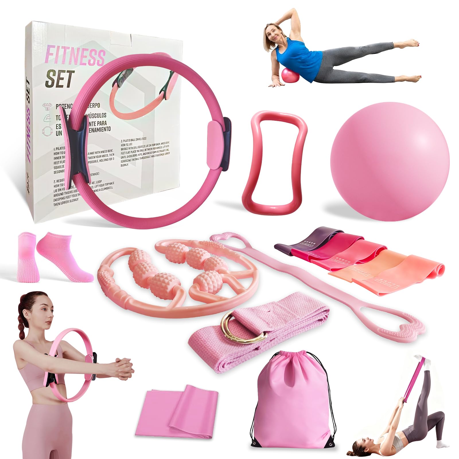 Better Me zestaw do pilatesu dla kobiet, zestaw pierścionków i piłek, podstawowy sprzęt, z 5 taśmami oporowymi, wałkiem do masażu, akcesoria startowe do jogi, do tonowania ramion, ud i