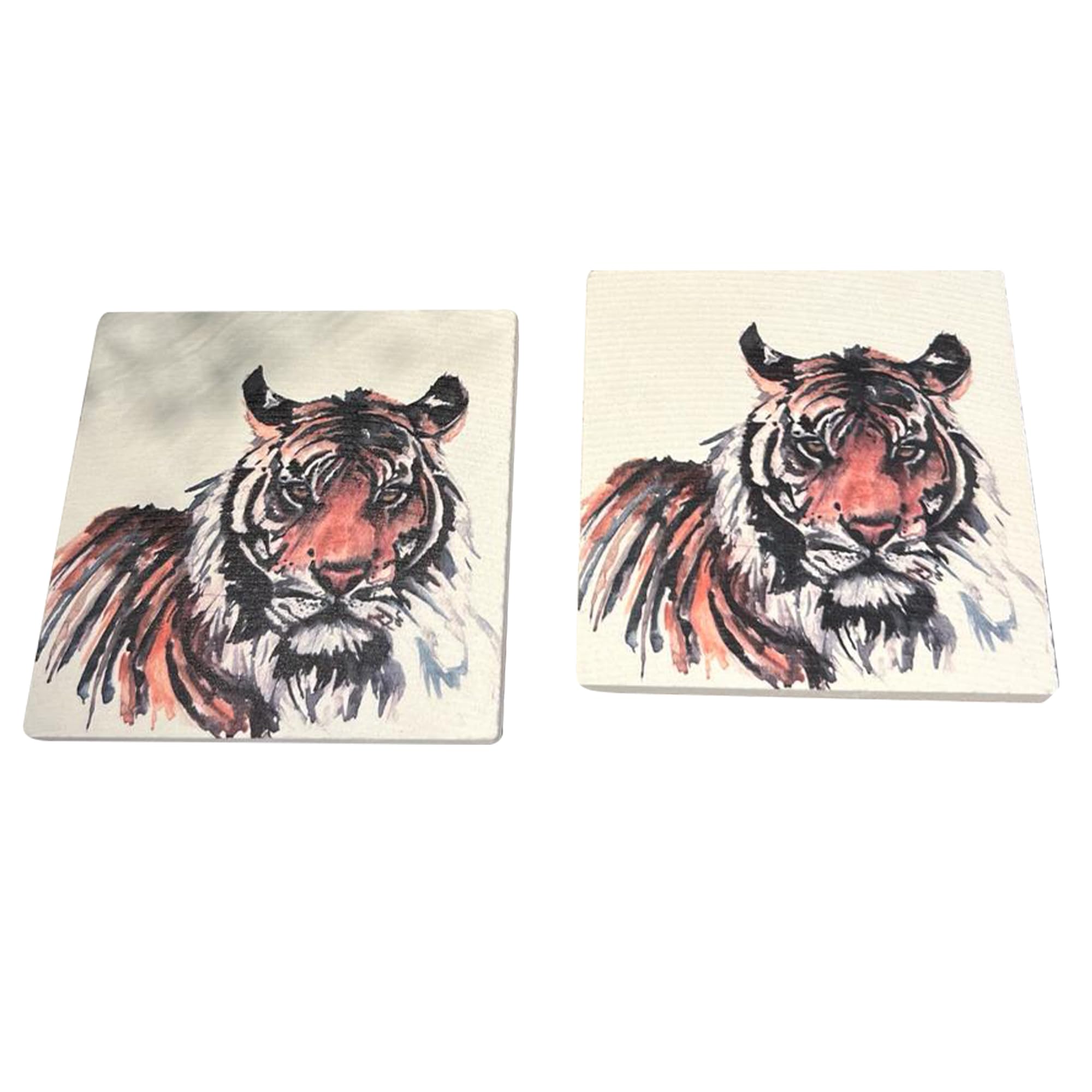 2 x TIGER STONE COASTERS | Stone Coasters | Animal novelty gift | Coaster for glass, mugs and cups| Square coaster for drinks | Tiger gift | Meg Hawkins art | 10cm x 10cm