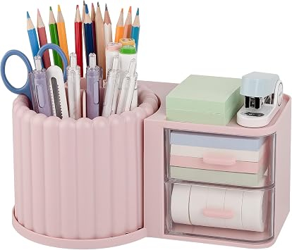 Anyoifax 360 Rotating Pen Holder 7 Slots Desk Organizer with Drawer Removable Pencil Cup Plastic Art Supplies and Accessories Desktop Storage Box Caddy for Office, School, Home Pink