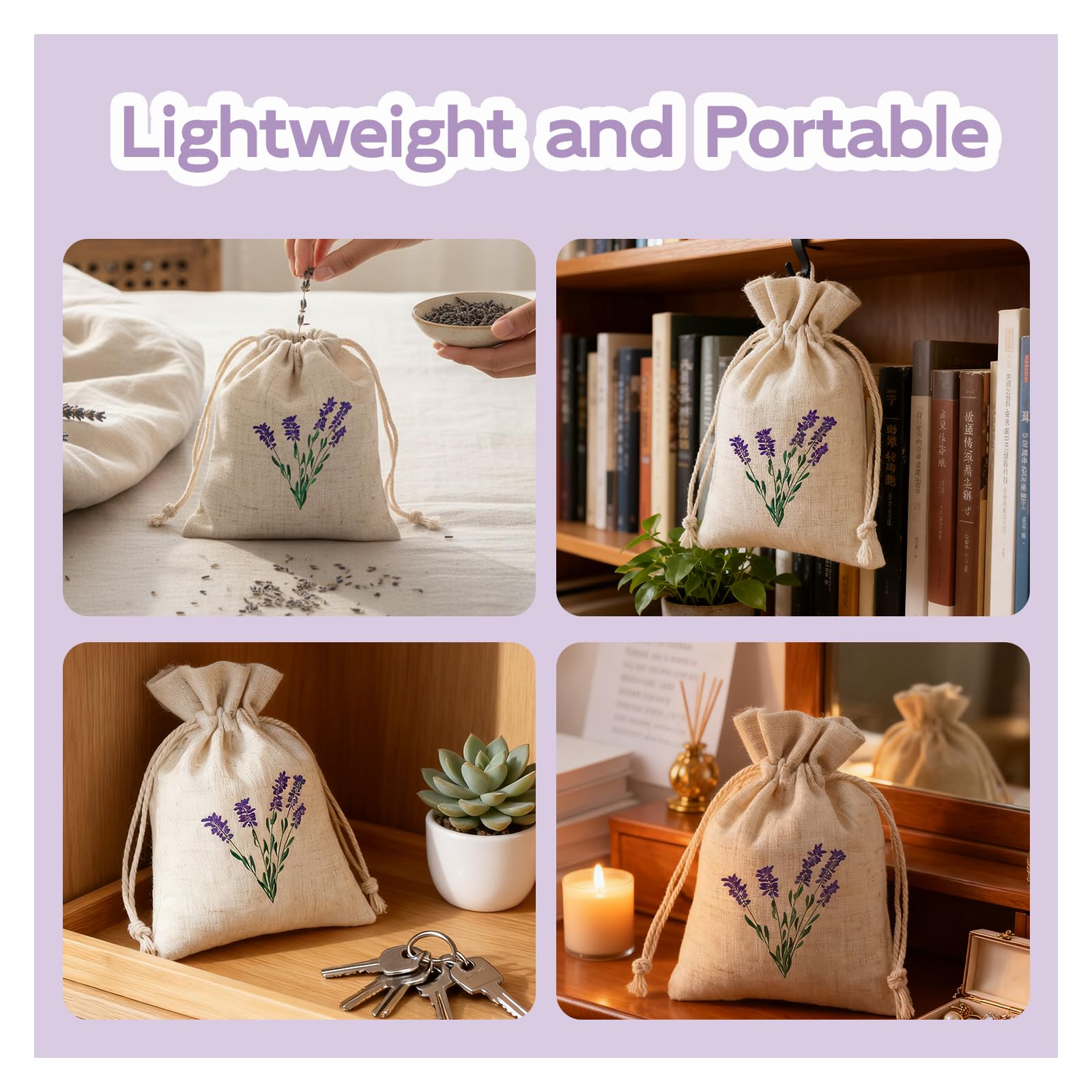 Pack de 12 Sachets de Lavanda de Algodón, Sacos Aromatizantes con Cierre de Cuerda para Armarios y Coches, Protección Natural contra Polillas y Aromatizantes para Habitaciones, 10x8.3 cm
