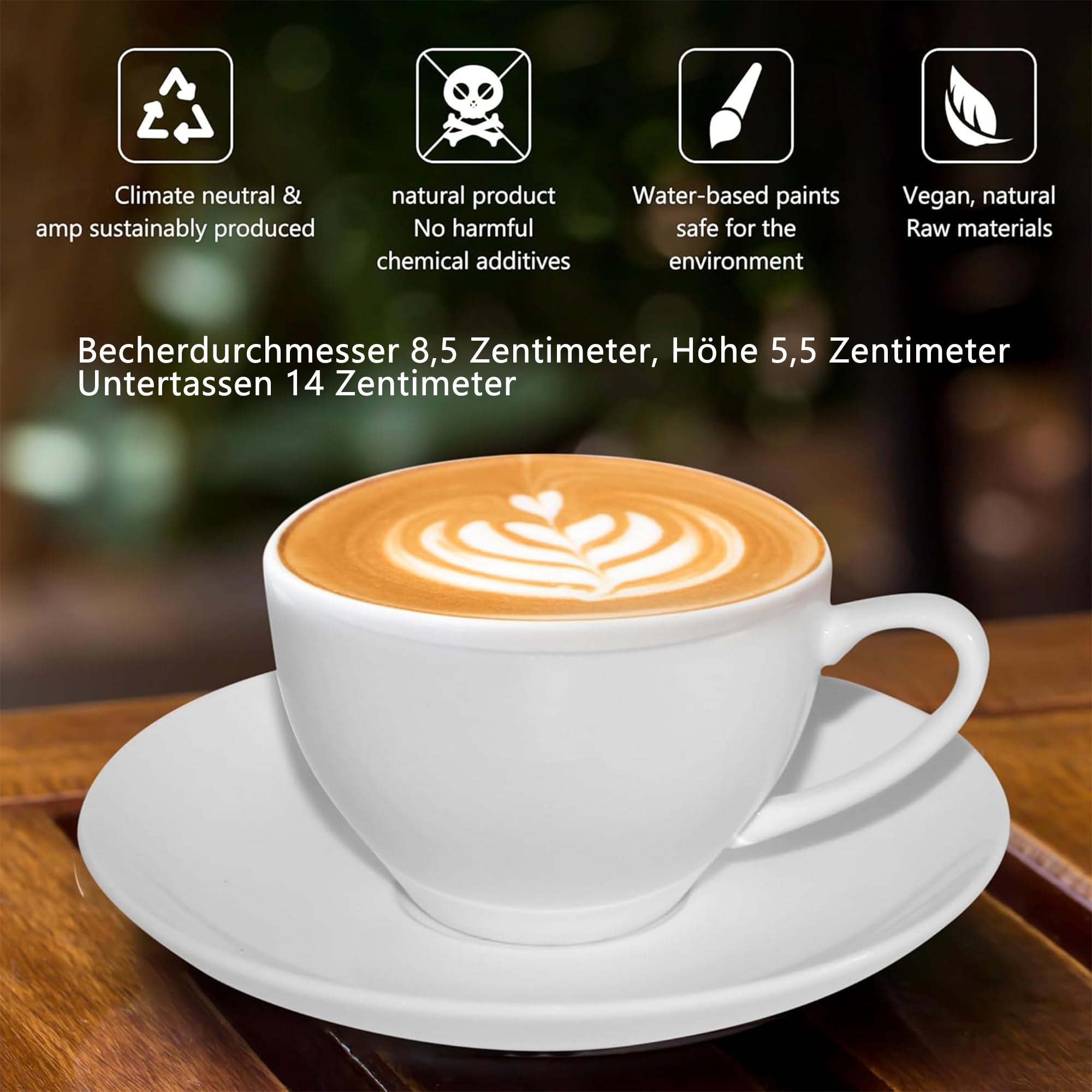 6 Stück Cappuccino Tassen Set 170 ml, Weiß Kaffeetassen mit Untertassen, Cappuccinotassen Porzellan Spülmaschinenfest Milchkaffee Tassen