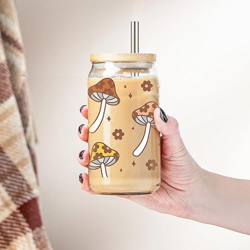Miniatura 5 de GSPY Taza de hongos, regalos de hongos, taza de café de vidrio de hongo con tapa y pajita, lindas cosas de hongos, bonitas tazas estéticas de