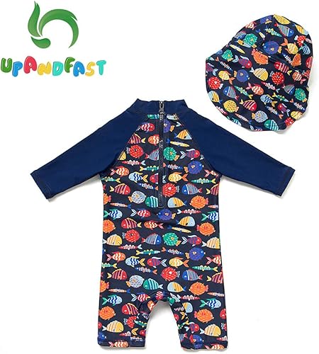 Miniatura 2 de upandfast Traje de baño para bebéniño pequeño, protección solar UPF 50+, traje de baño de una pieza con cremallera con sombrero para el sol, traje