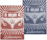 Vista 1 de BRISA VW Collection - Juego de 2 paños de cocina Volkswagen para secar platos, algodón y lino, diseño de autocaravana T1 (rayas samba/rojo)