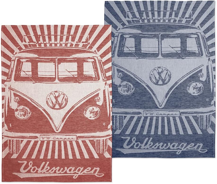 BRISA VW Collection - Volkswagen Dish Drying Kitchen Tea Towel 2-piece Set Cotton and Linen in T1 Bus Campervan Design (Samba Stripes/Red)