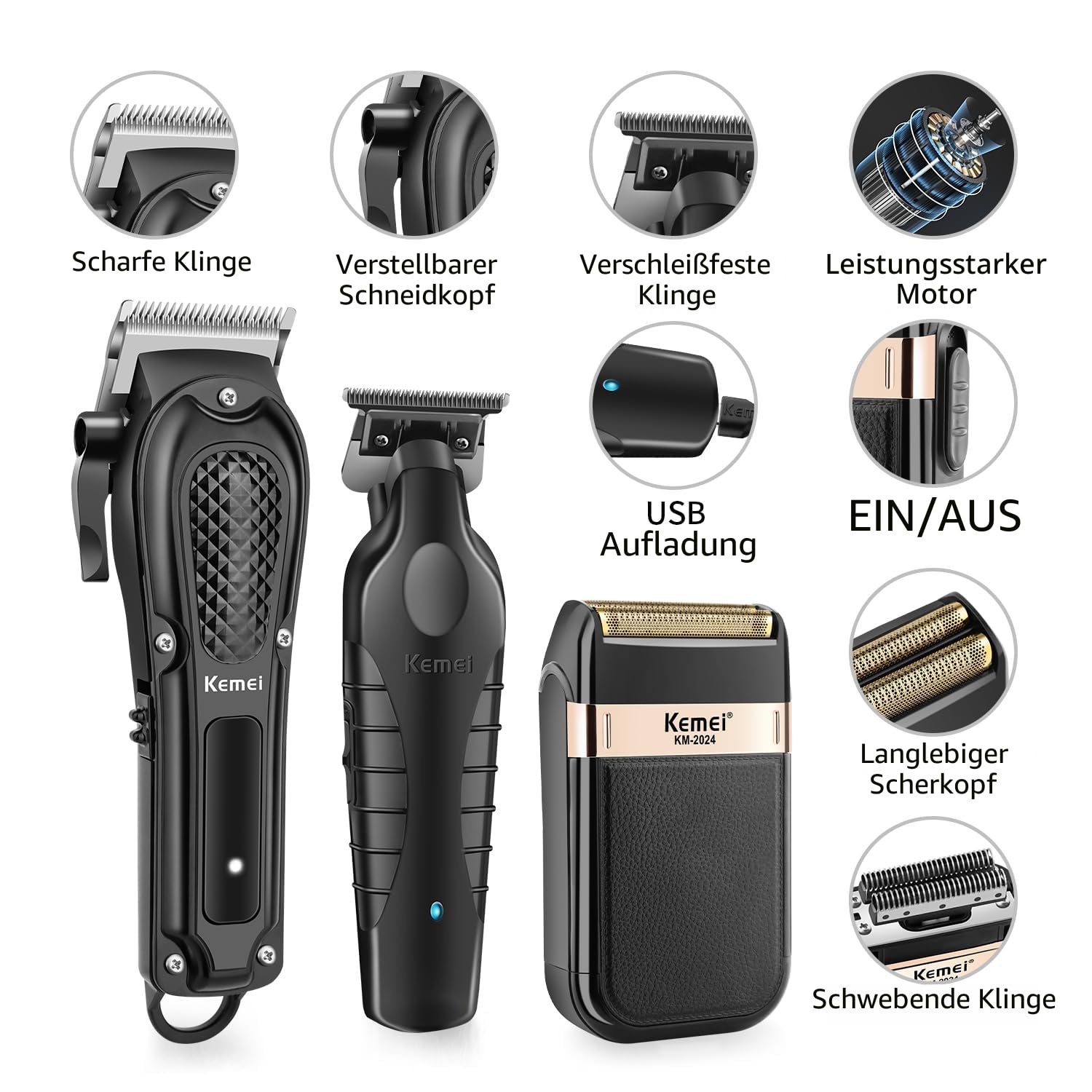 KEMEI Professionelle Haarschneidemaschine für Männer, Schnurloser Kompletter Barber Clipper T-Blade Trimmer Folienrasierer Set, Elektrisches Haarschneider Full Kit mit 9 Führungskämmen
