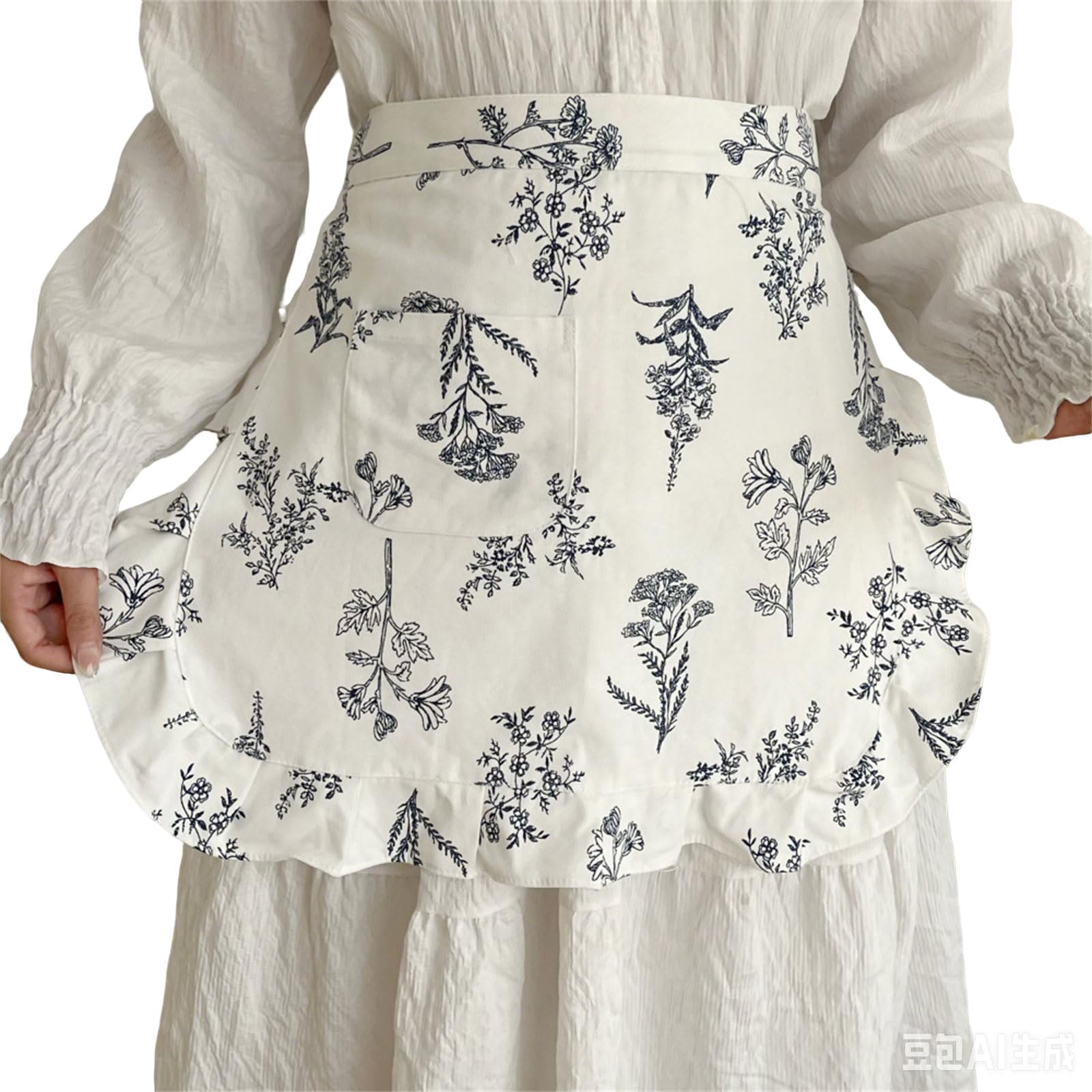 PANGBOER Stylish Flower Pattern Cotton Apron for Coffee Shops and Bakeries Cooking Apron for Coffee Shop Restaurant Baking Use Half for Cafeteria