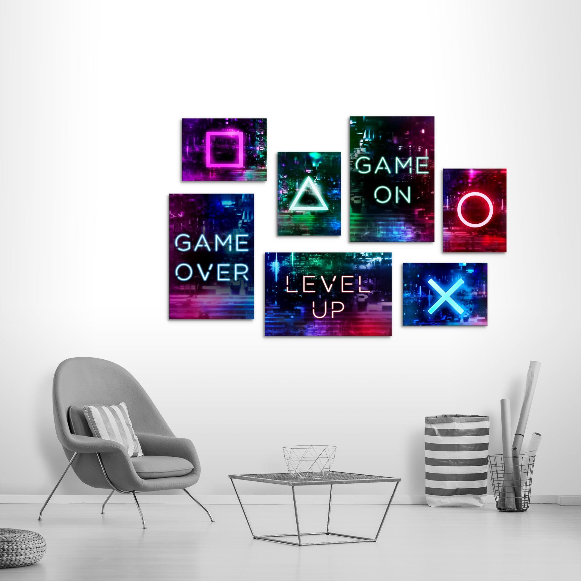 Novart Wandbilder Spielkonsole Gamer - KOMPLETT AUFHÄNGFERTIG - Bunt Kinderzimmer Junge Teenager - 7 Moderne Mood-Bilder - N021372a