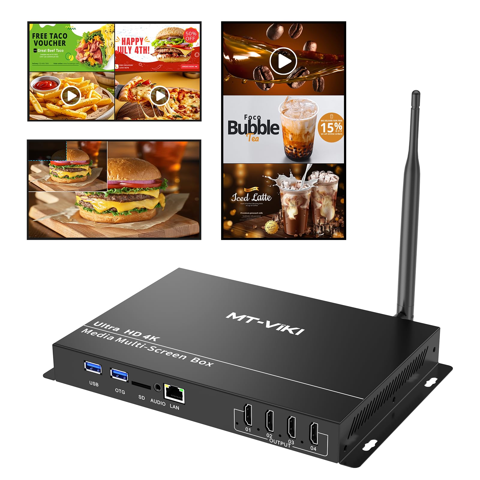 Photo 1 of MT-VIKI Wireless Digital Signage Player - 4-Screen Video Controller with Rotation, Splitting & Scheduling for Restaurant Menu Boards?, Bubble Tea Promotions