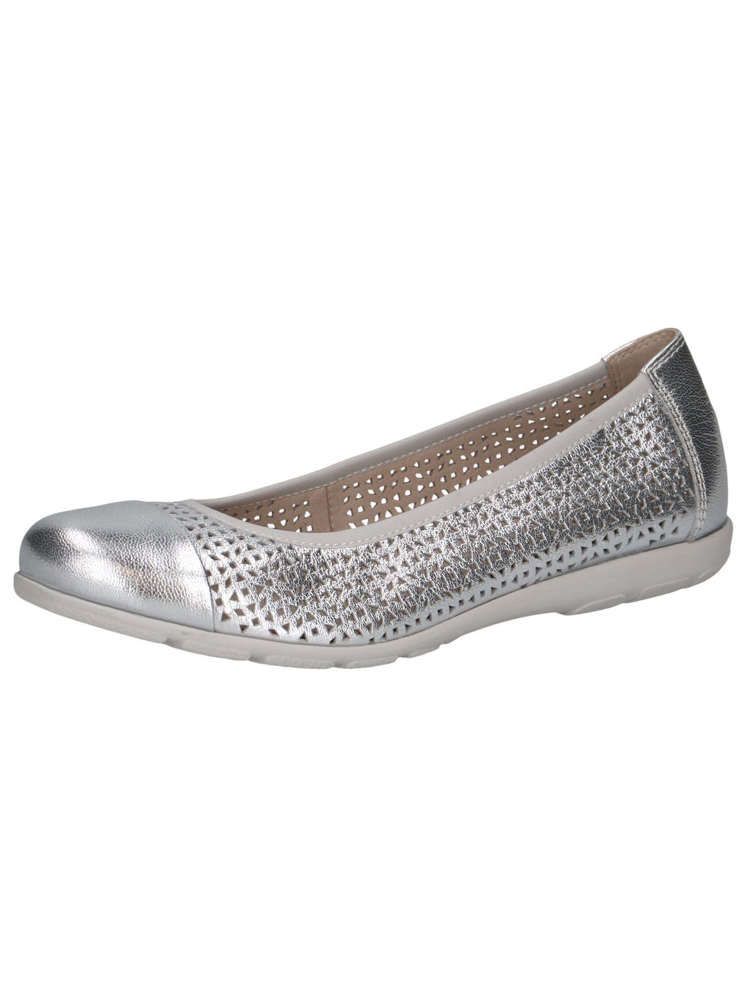 CAPRICE Women Ballet Flats Leather with Perforated Pattern, Silver (Silver), 3.5 UK
