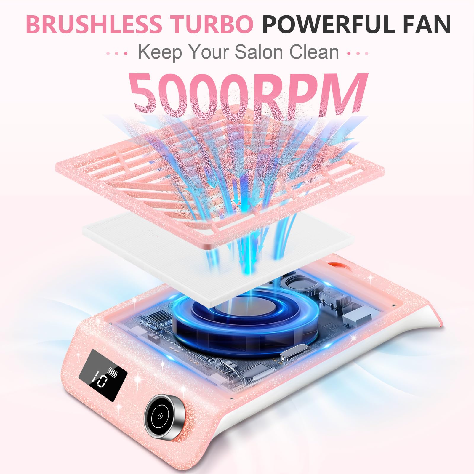 Kredioo Glitter Pink Rechargeable Nail Dust Collector with 10 Speeds