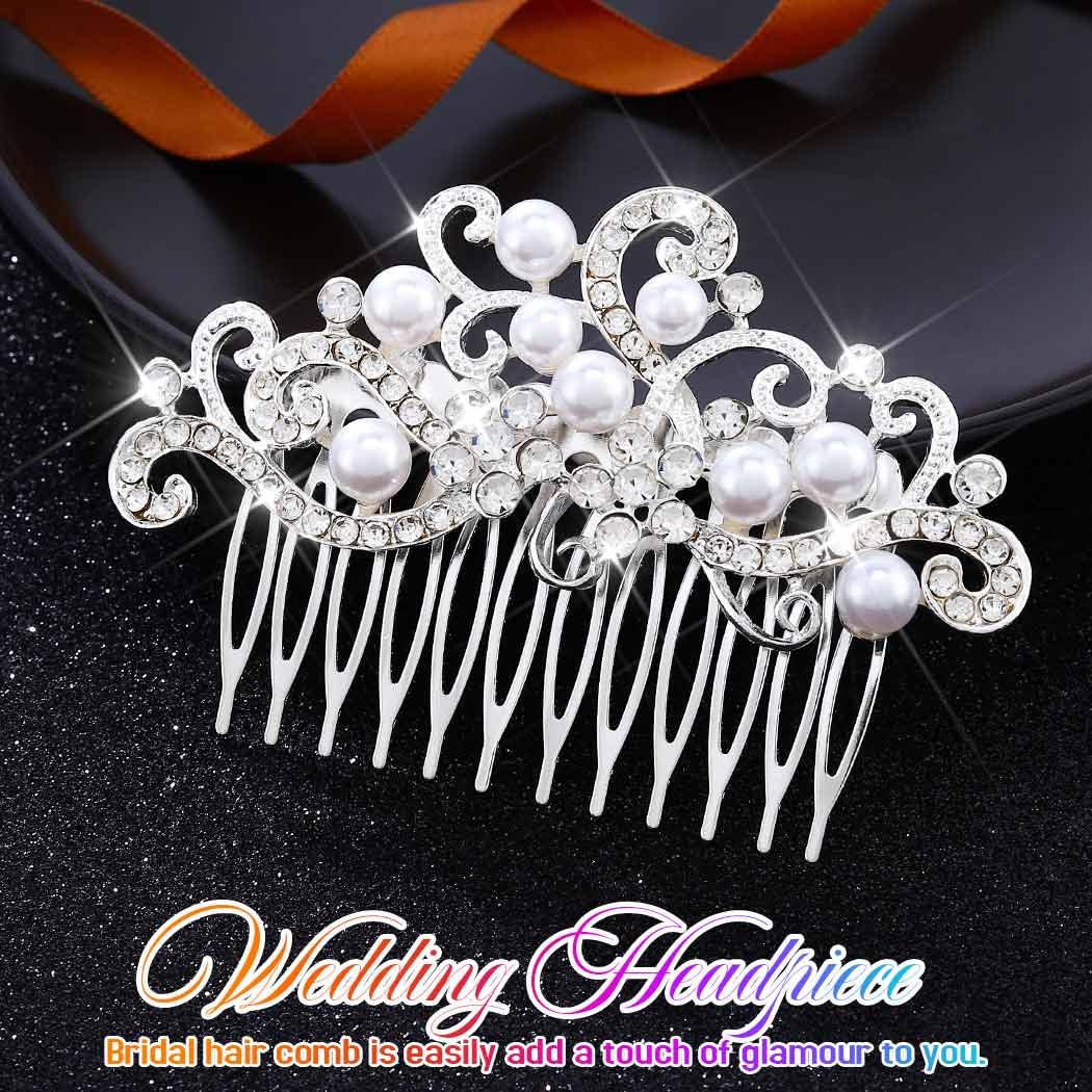 Silver Bridal Hair Comb Pearl Wedding Hair Piece Rhinestone Hair Accessories for Women - Image 2