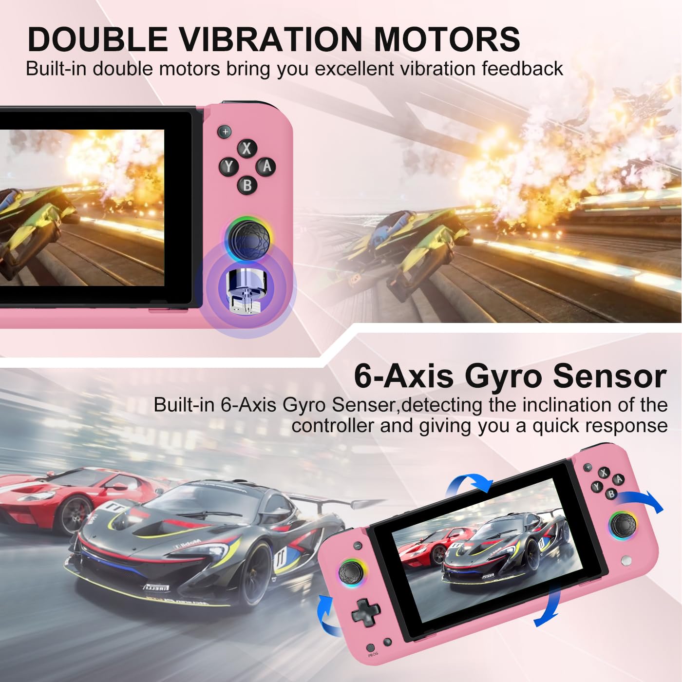 Switch Controller Compatible with Switch/OLED,Hall Effect One-Piece Joypad Controller Replacement for Switch Pro Controller,Full-Size Ergonomic Handheld Mode Controller with RGB/Programming,Pink - imagen 3