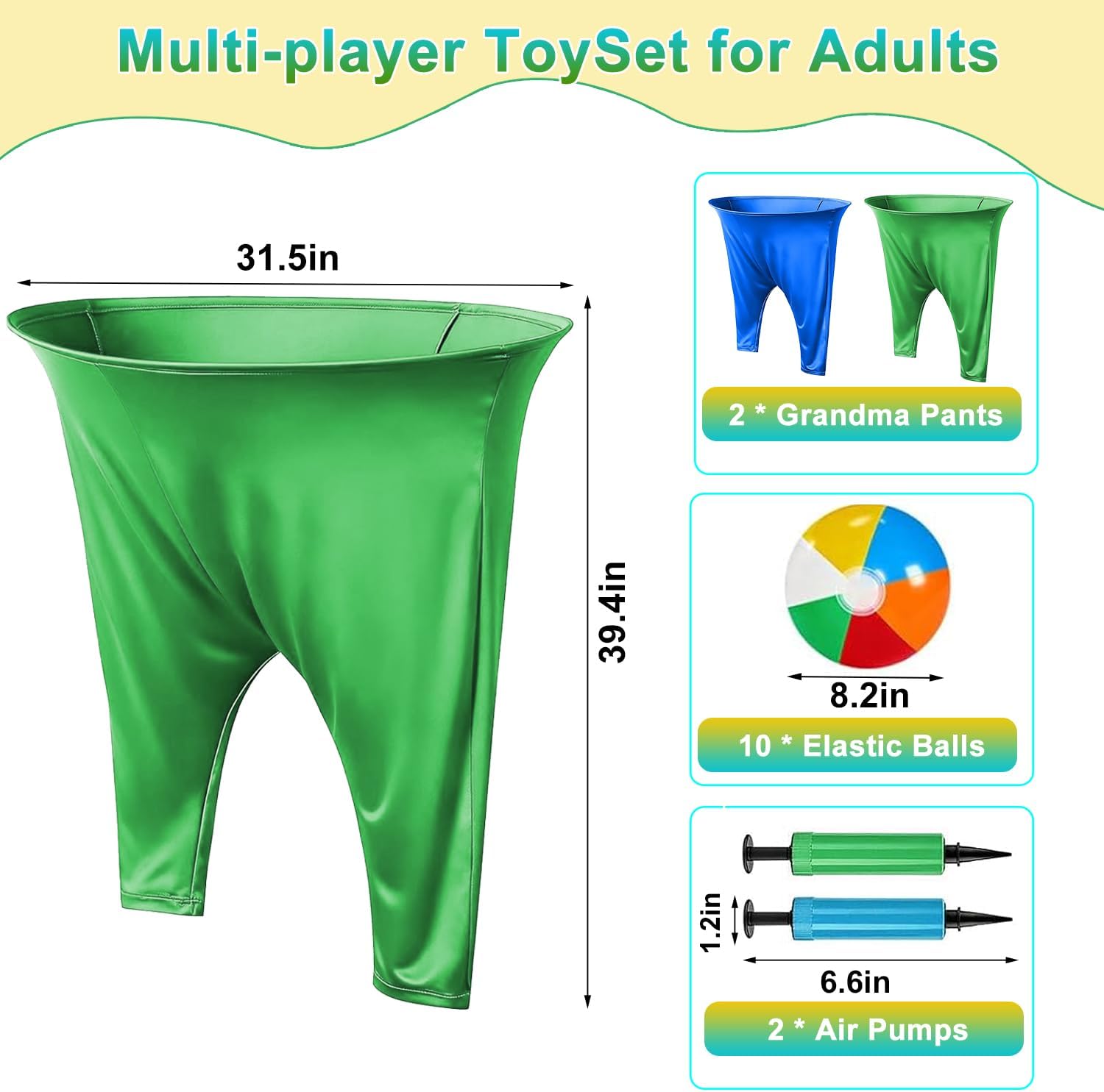 14 Pcs Granny Pants Yard Game Set, Oversized Blue & Green Pants with 10 Bouncy Balls & 2 Pumps, Outdoor Tossing Games for Adults Family Birthday Backyard Party Team-Building Gatherings