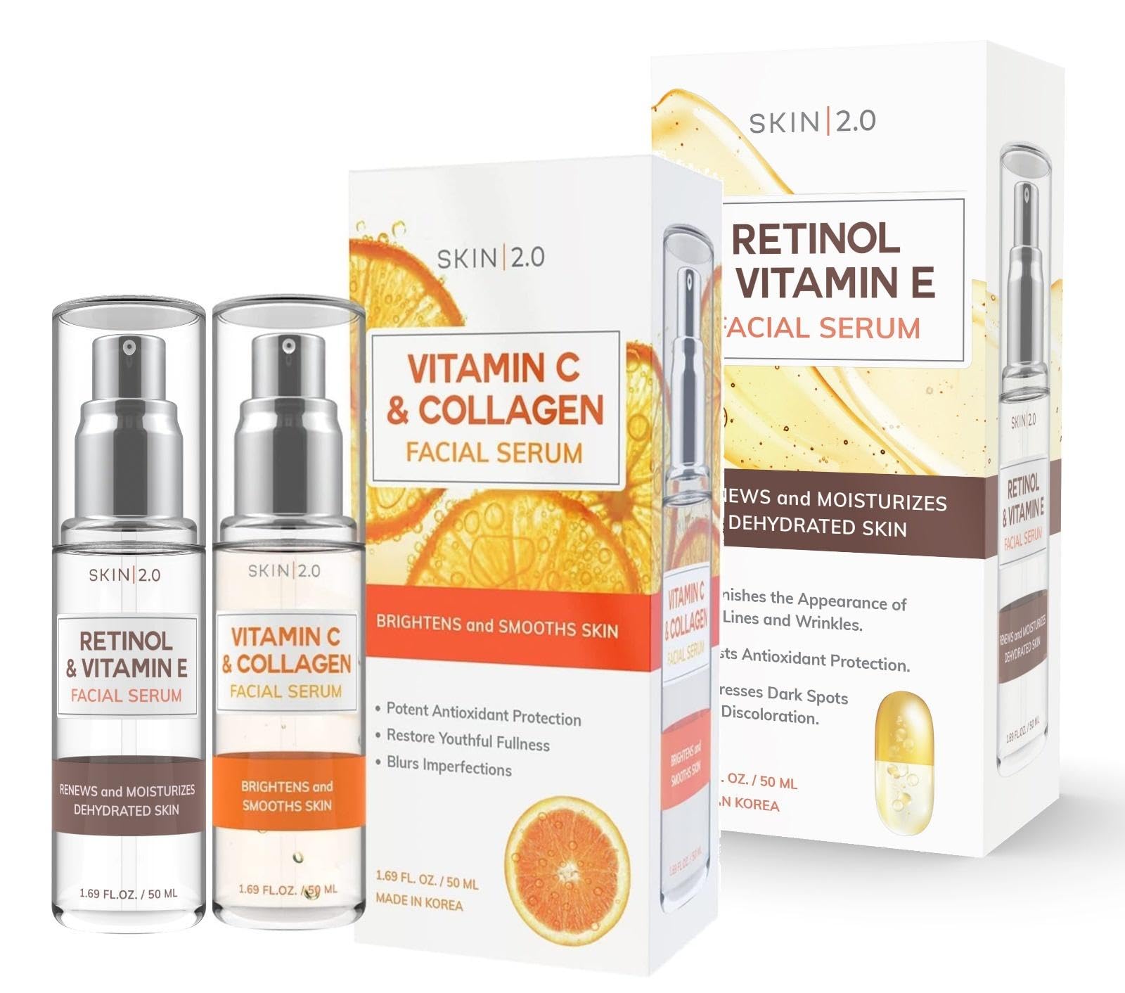 Vitamin C & Collagen + Retinol & Vitamin E Facial Serum - Day & Night Duo Set - for Dark Spots & Brightening - Anti Aging & Acne Facial Serum - Cruelty Free - For All Types -