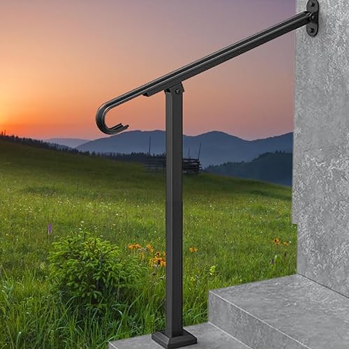 Handrails for Outdoor Steps, 2 Step Stair Railing Installation Kit, Single Post Wrought Iron Handrail, Transitional Porch Railings with Base - Black