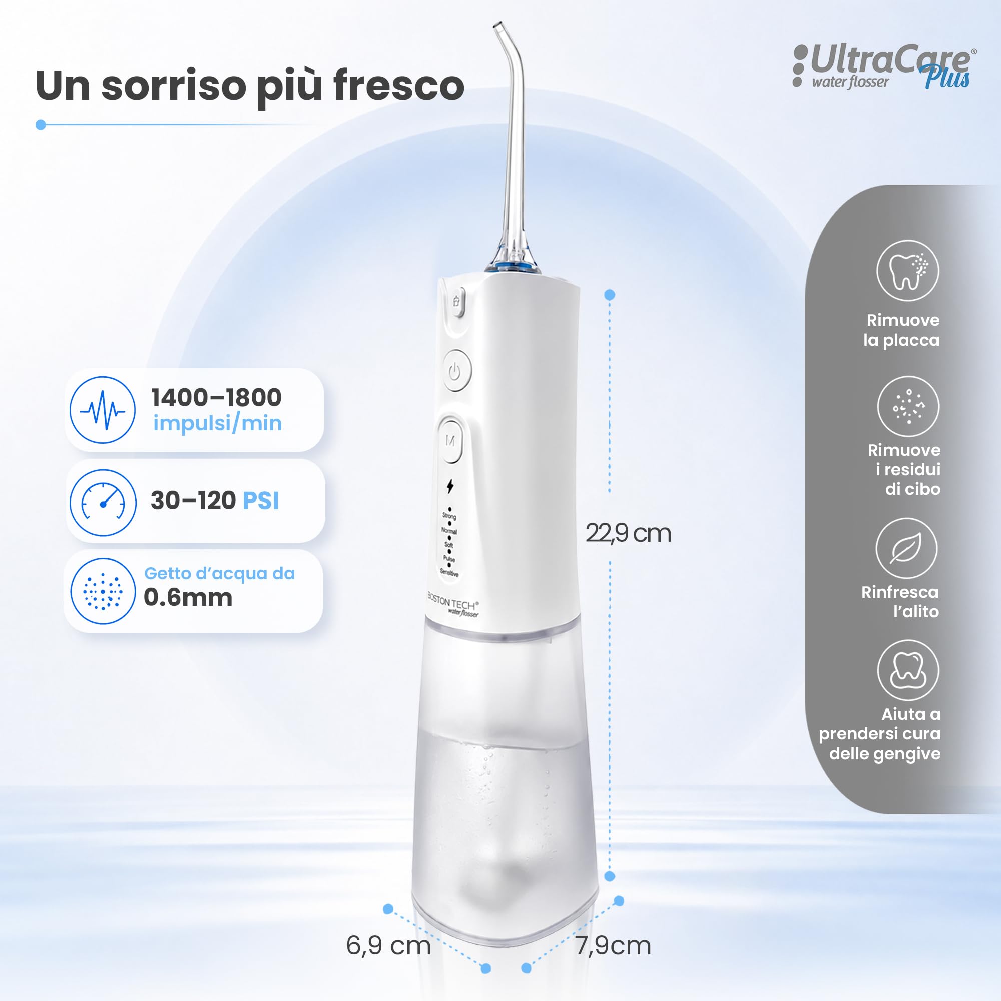 Ultracare Plus - Irrigatore orale professionale con 5 modalità, 8 ugelli, serbatoio acqua da 250 ml, ricaricabile tramite USB, borsa da viaggio inclusa (bianco)