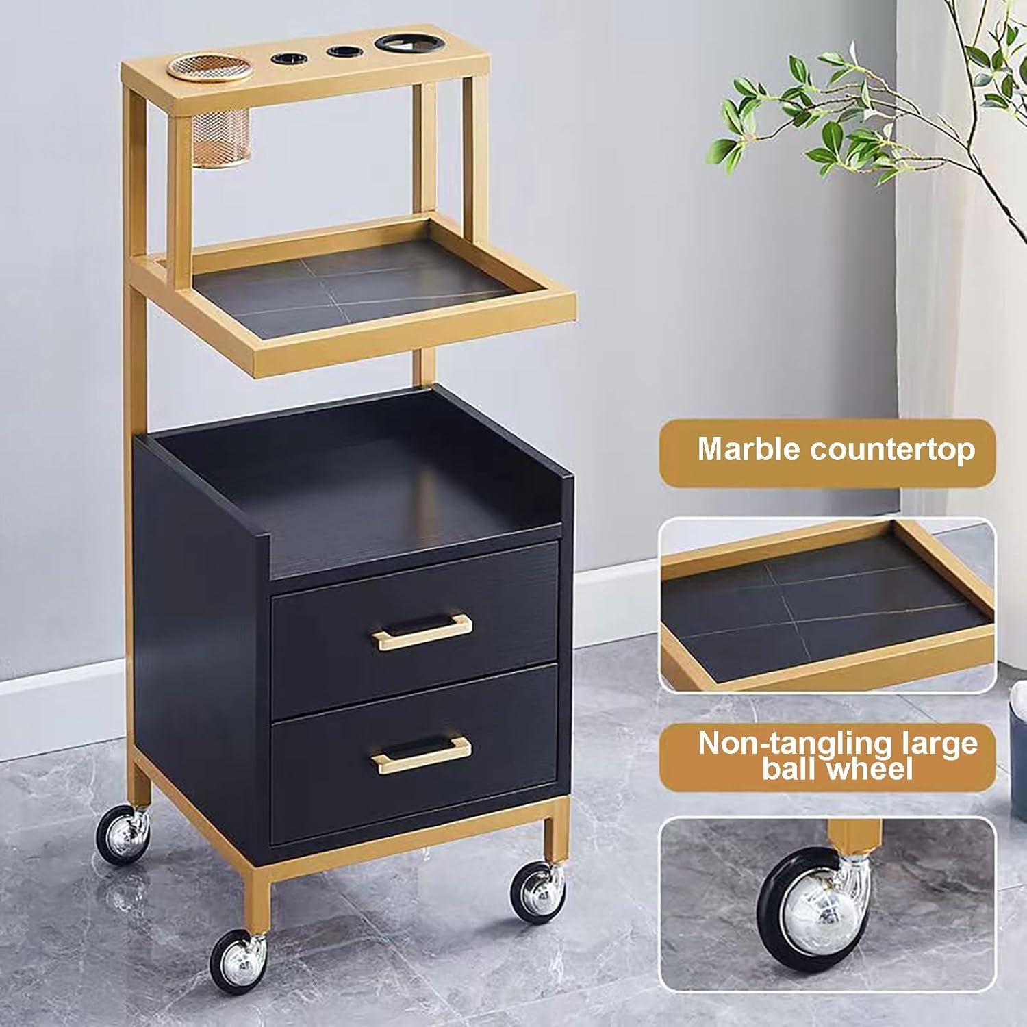 Hair Salon Storage Tool Cart with 2 Drawers and Tool Holders for Barber Stylists Multifunctional Beauty Salon Furniture Organizer,Svart