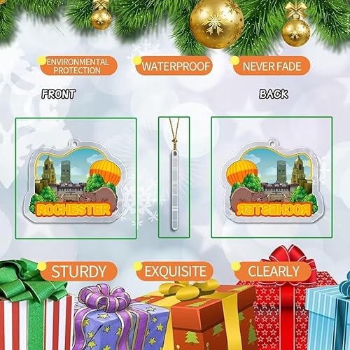 Miniatura 2 de Rochester - Adorno de Navidad de Minnesota Estados Unidos, acrílico transparente, decoración de árbol de doble cara, colgante de recuerdo de viaje,