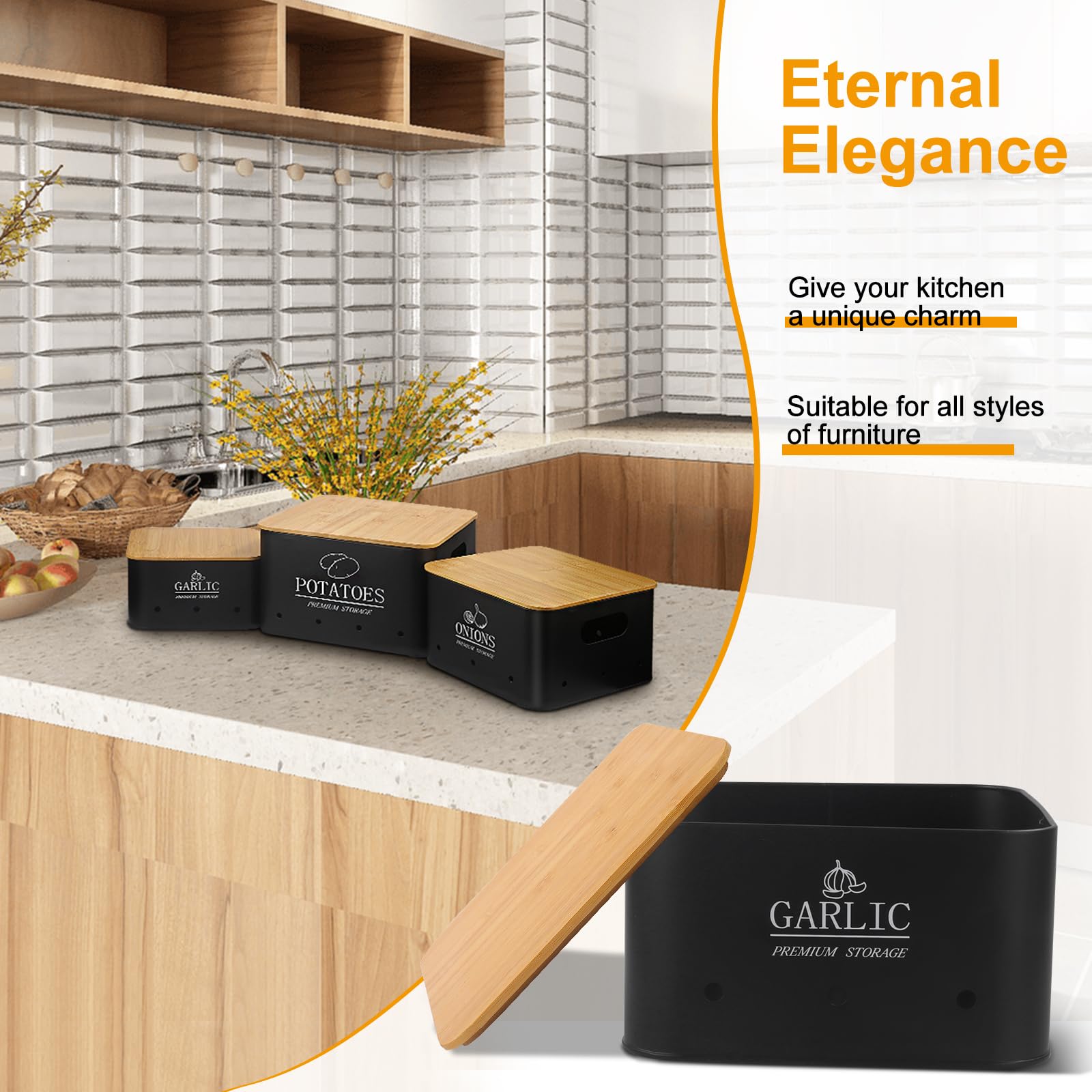 Caja Para Guardar Patatas - Juego de 3 Tarros de Patatas Tarro de Cebolla Tarro de ajo - Almacenamiento Cocina con Tapa de bambú y Orificios de Ventilación - Almacenamiento Espacioso - Negro
