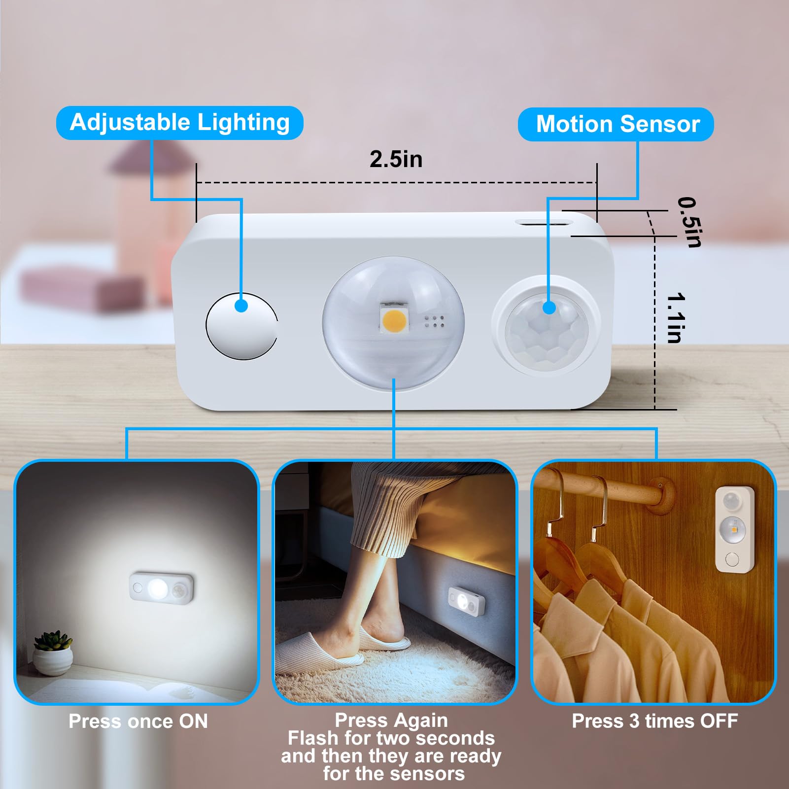 NIEGNOWOO Luces LED con sensor de movimiento, luces recargables para gabinete, luz nocturna LED inalámbrica para armario, cajón, estante, debajo del gabinete, luz blanca diurna, paquete de 4 unidades,