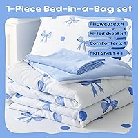 Vista 4 de Wajade Juego de edredón de 7 piezas con lazo azul para niñas, juego de ropa de cama tamaño individual con sábana y 2 fundas de almohada, 2 fundas