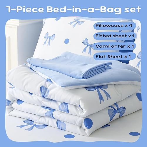 Miniatura 5 de Wajade Juego de edredón de 7 piezas con lazo azul para niñas y niños, juego de ropa de cama tamaño individual con sábana y 2 fundas de almohada, 2