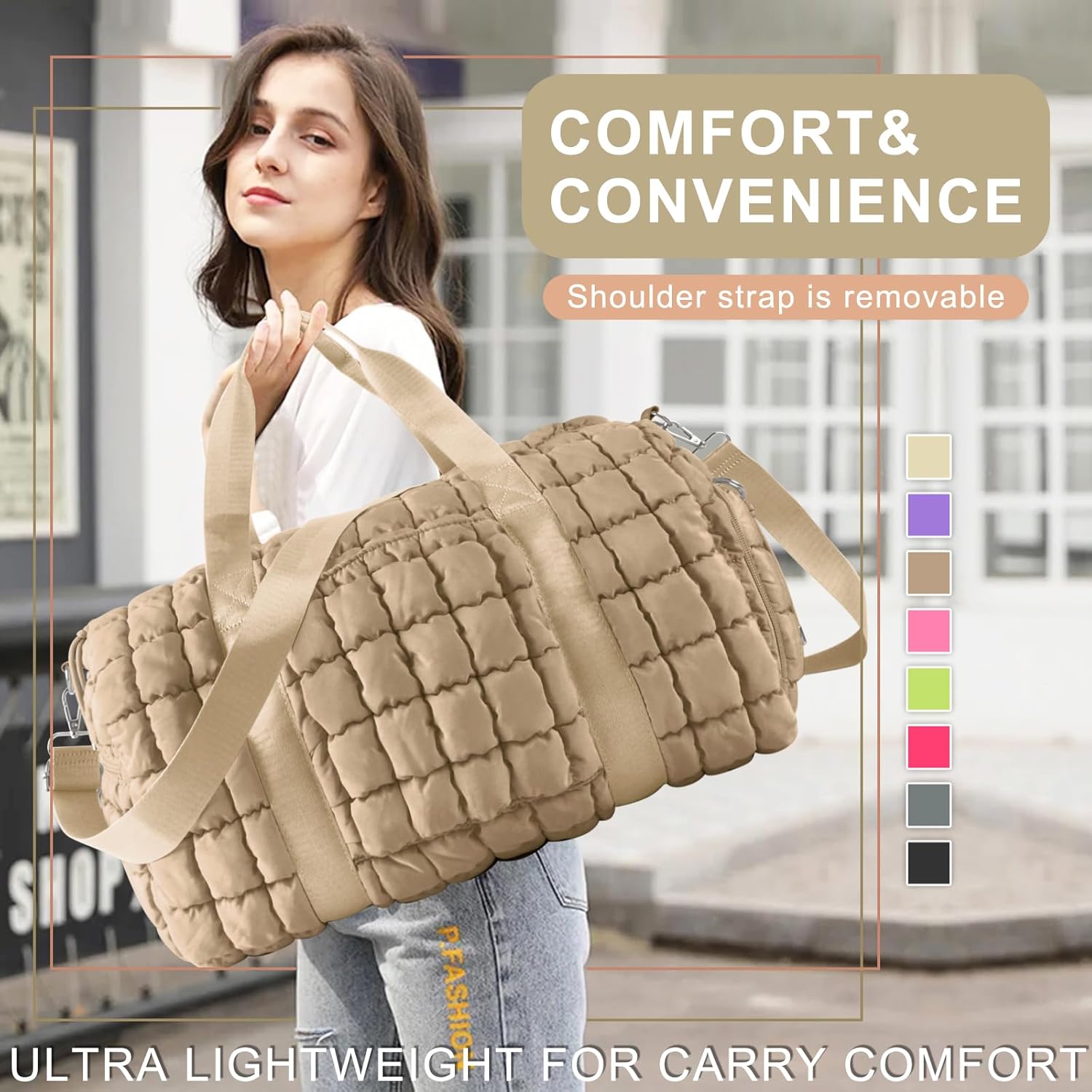 Quilted Travel Duffle Bag Gym Bag for Women,Large Puffer Duffle Weekender Bag with Compartment,Workout Overnight Carry on Organizer Bag Duffle Bag for Airplane Travel(Khaki) - Image 6