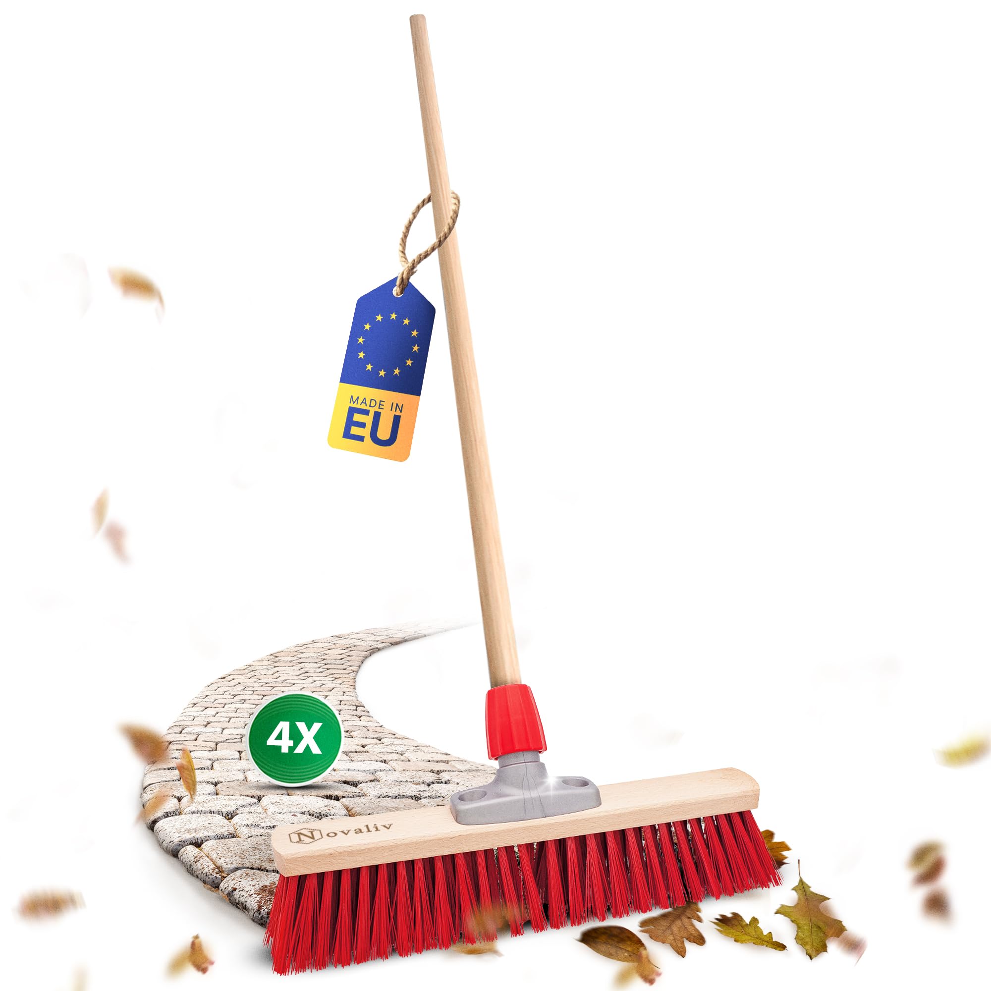 Novaliv 4X Straßenbesen 50 cm mit Holzstiel I Elaston rot I Besen für draußen I Industriebesen Gartenbesen mit Stiel Schneebesen Allzweckbesen Stallbesen Winterbesen
