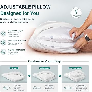 Nuzzle Cooling Adjustable King Size Pillow Set of 2 and Pillowcases(The Pillow with a Pillowcase)