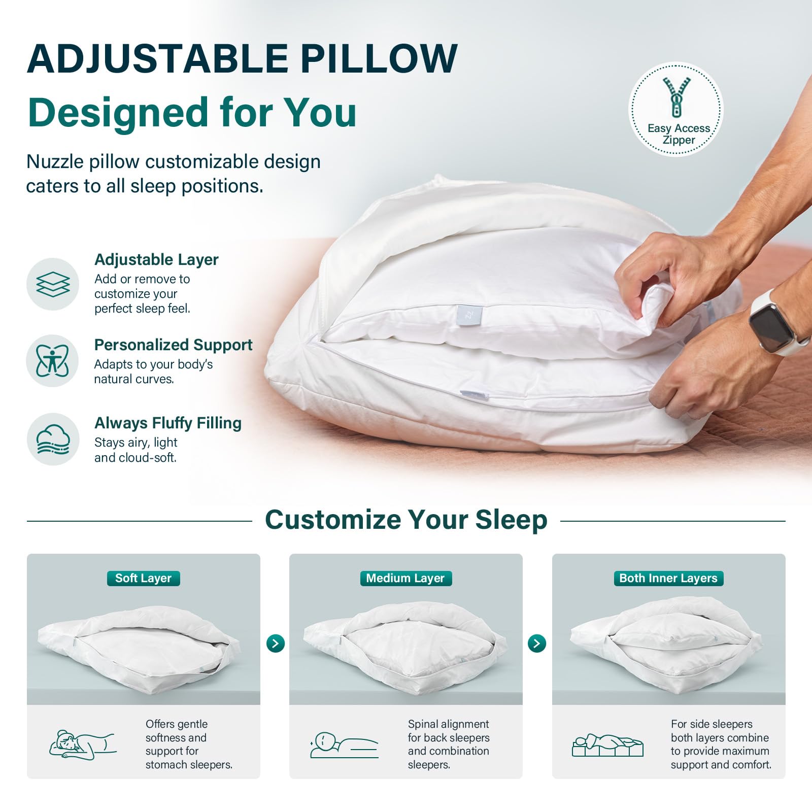 Condition photo showing As Is for nuzzle adjustable firm pillow, luxury king size bed pillow hotel collection - best adjust height soft cooling pillow for back, stomach or side sleepers