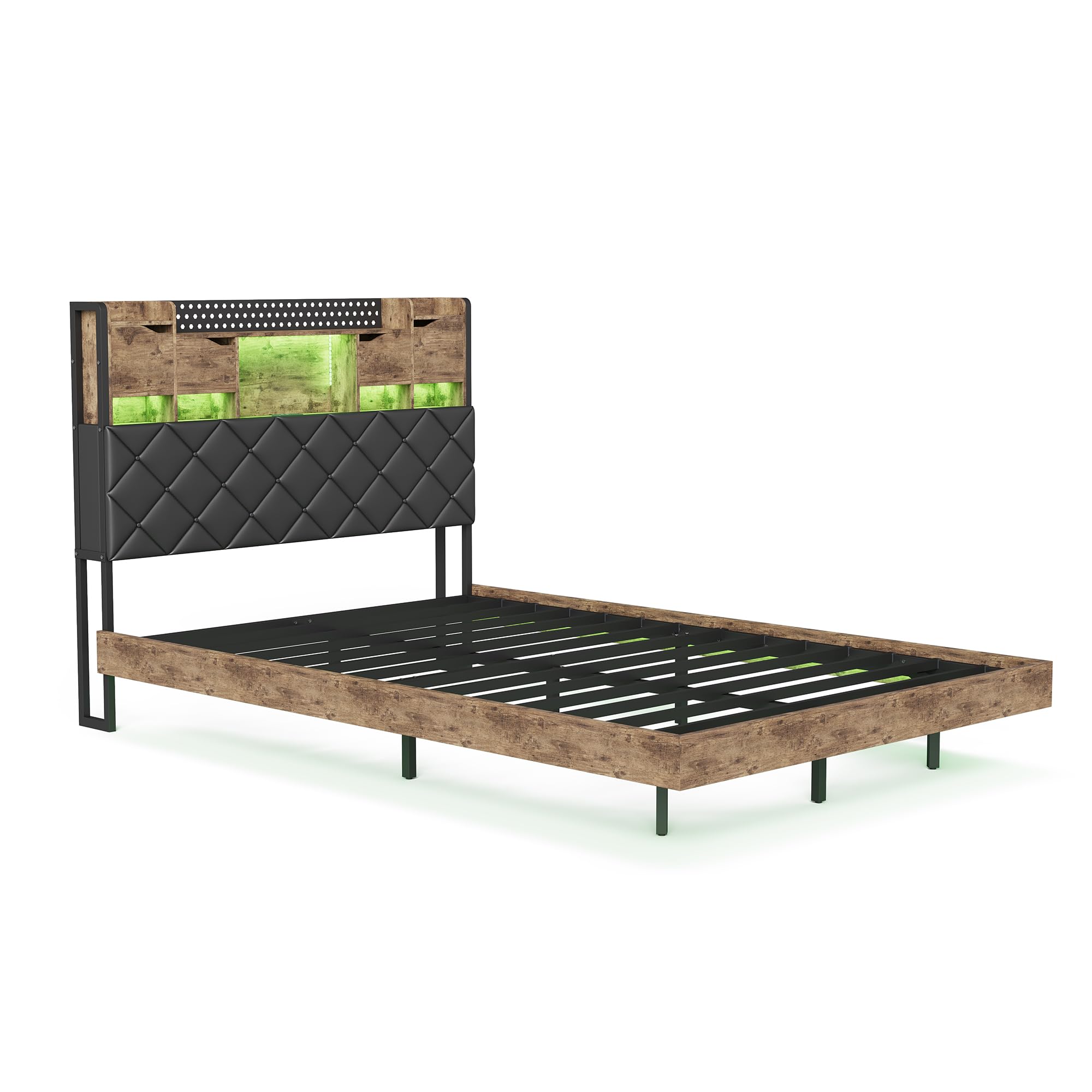 Rama łóżka pływającego 160 x 200 cm, z diodami LED RGB i stacją ładującą USB, wyściełany zagłówek ze skóry z miejscem do przechowywania, metalowe listwy bez hałasu (czarny i naturalny)
