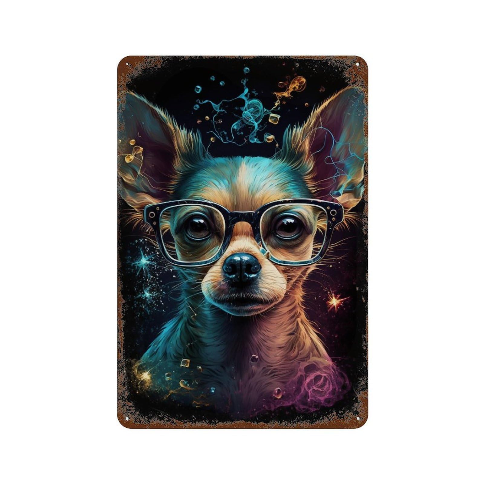 Colorful Chihuahua Glasses Art Print-3 Rusty Metal Tin Sign 11.8"x7.9", for Pub, Kitchen And Man Cave Decor, Novelty Wall Decor