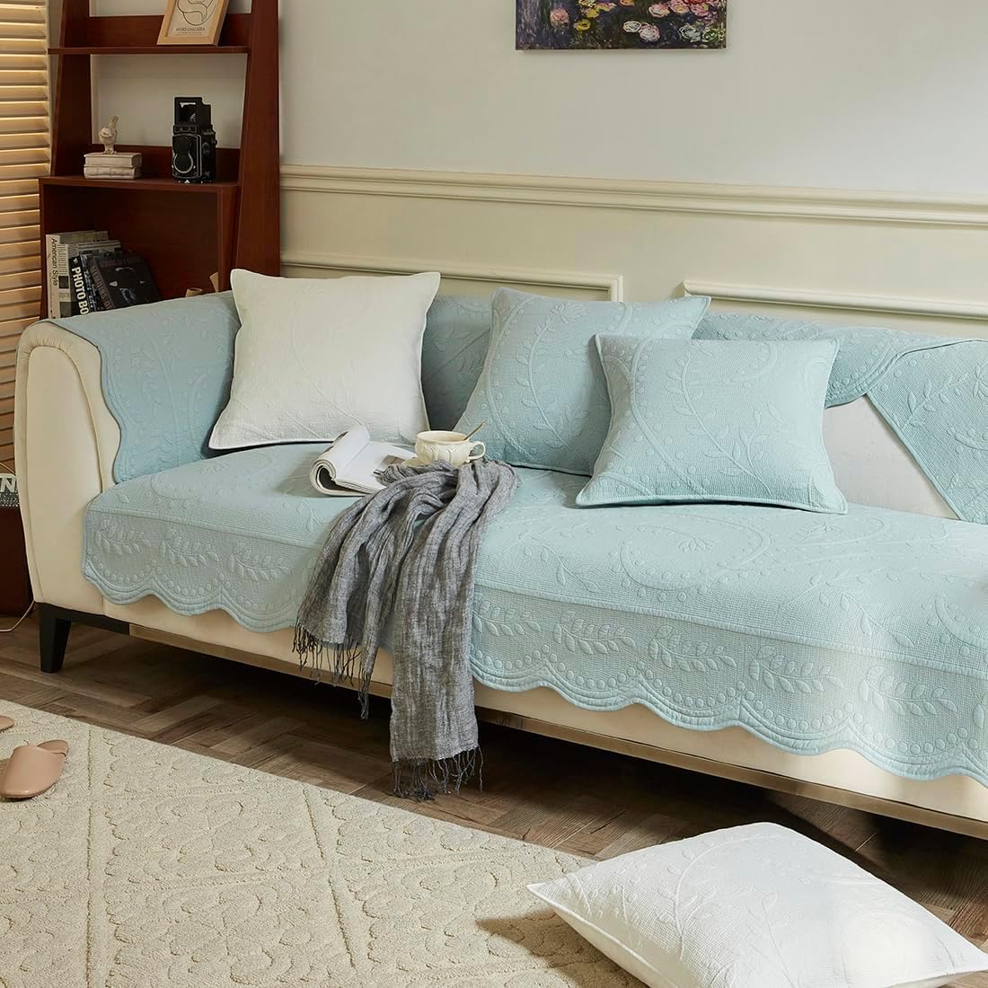 vctops Cotton Quilted Couch Cover Floral Leaves Embroidery Sofa Cover Non Slip Sofa Slipcover for Dogs Cats Kids Loveseat Recliner L Shaped Armrest Backrest (Blue,36"x36")