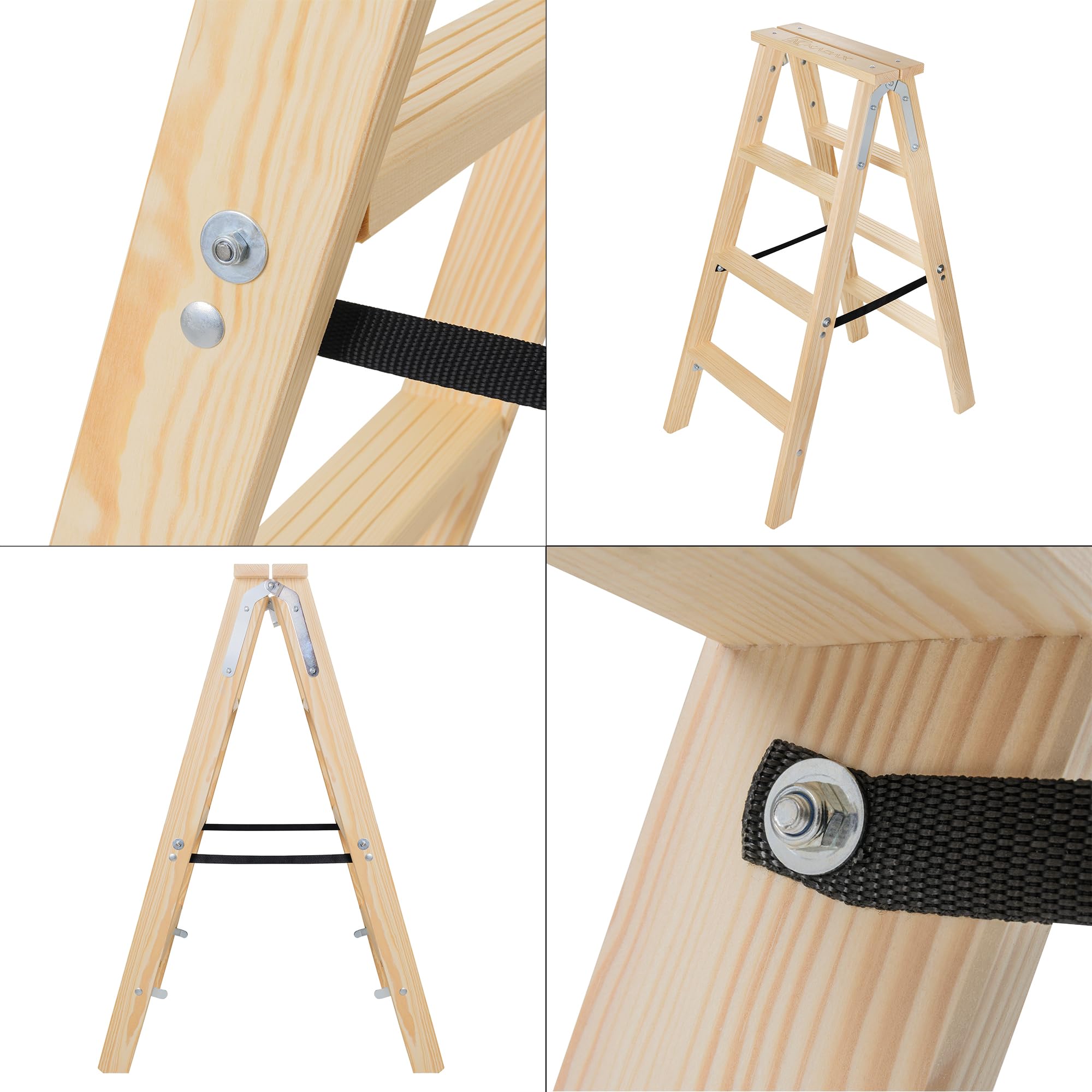 KADAX Klappbare Holzleiter, 4-stufige Malerleiter mit Stahlhaken, Stehleiter für Haushalt und Garten