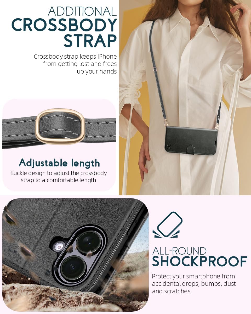 OCASE for iPhone 16 Plus Wallet Case, PU Leather Crossbody Phone Case with Removable Shoulder Strap, Kickstand, RFID Blocking Card Slots, Flip Folio Phone Cover 6.7 Inch 2024, Graphite