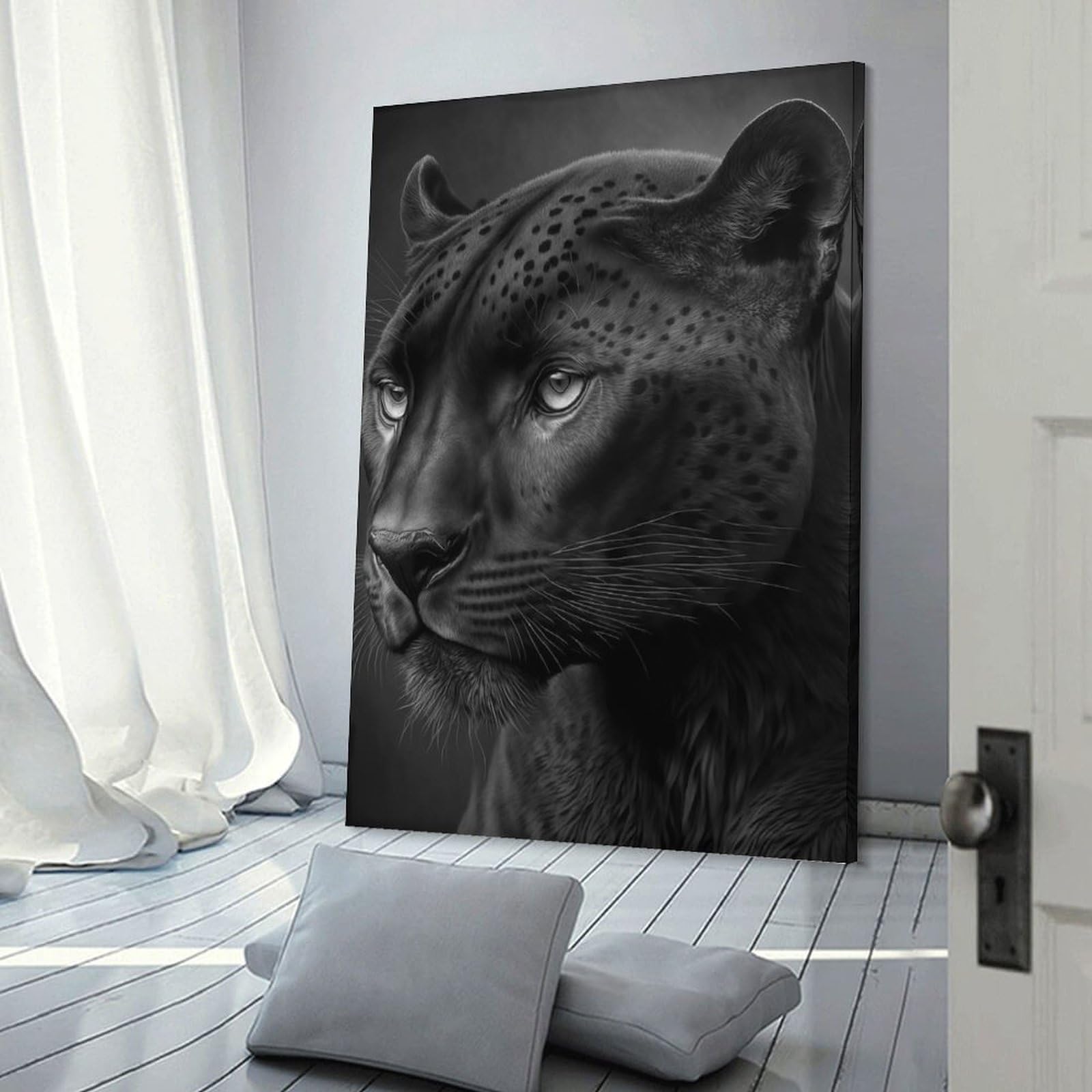 Junmoney Frame-Style-8-1 Canvas Wall Art Portrait Of A Panther, 20X30inch(50X75cm), For Bedroom, Guest Room Or Reading Nook, Canvas Wall Decor For Personal Spaces