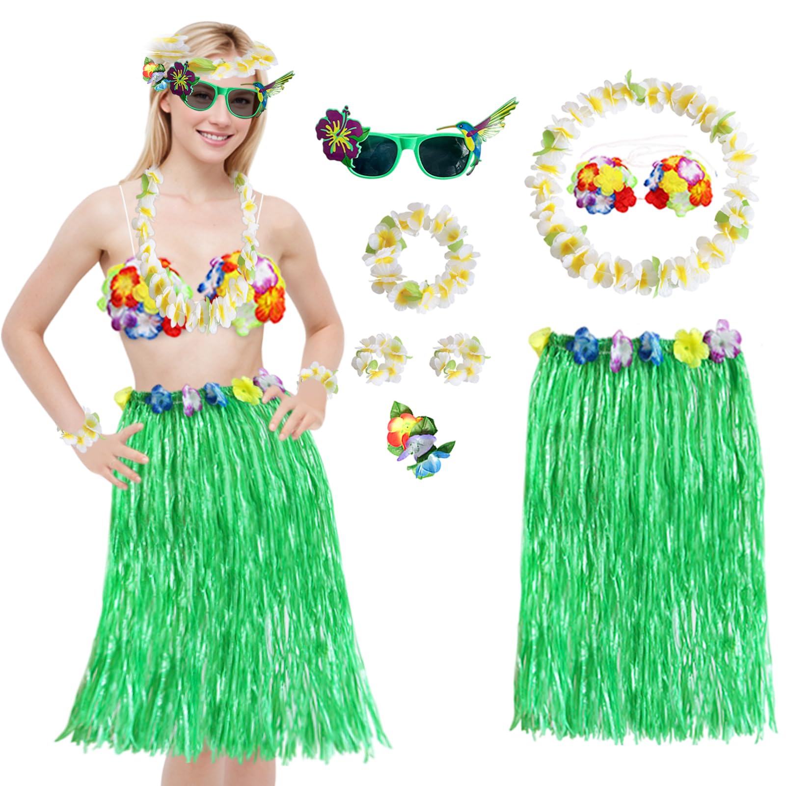 8 Pcs Hawaiian Hula Costume Set,40cm Hawaiian Grass Skirt,Hawaii Leis,Flower Bikini Top,Hibiscus Hair Clip Set,for Adults Fancy Dress Supplies Party Summer Beach Tropical Party Decorations (green)