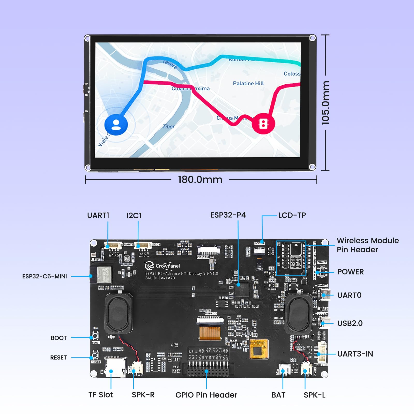 ELECROW ESP32 Display 1024x600, 7 pollici HMI ESP32 IPS Touch Screen, Supporto AI Interazione Speech, Processore Dual-Core ESP32-P4, Fino a 400MHz, Compatibile con Arduino, ESP-IDF, LVGL (senza
