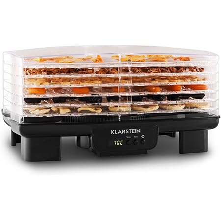 Klarstein Bananarama - Dörrgerät, Dörrautomat, Obst-, Fleisch- und Früchte-Trockner, 6 Etagen, stapelbar, 550 W, einstellbare Temperatur, Umluftbetrieb, LCD-Display, BPA-frei, schwarz