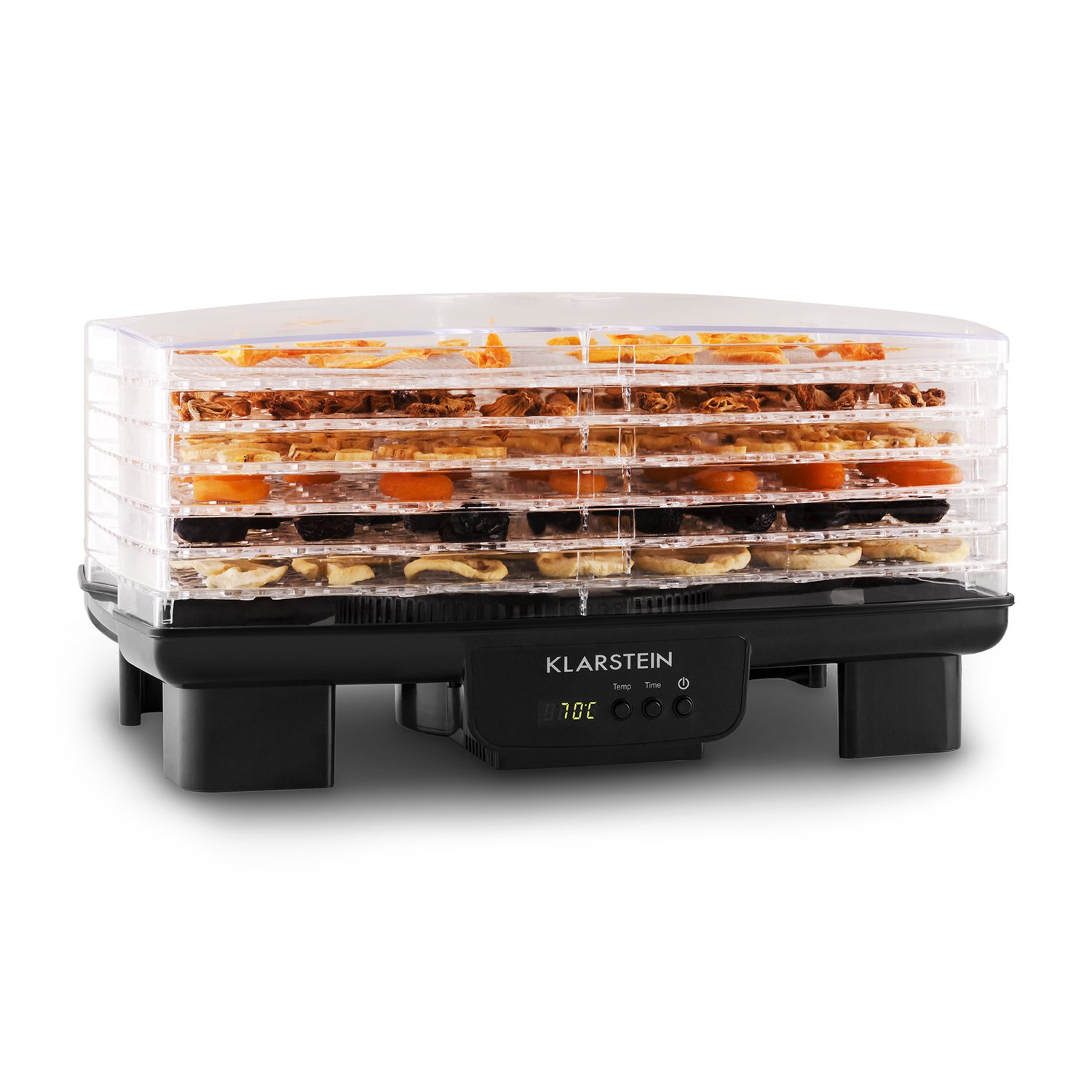 Klarstein Bananarama - Essiccatore, 6 piani, impilabile, 550 Watt, temperatura regolabile, Display LCD, timer programmabile, Supporto aggiuntivo fine, facile pulizia, nero