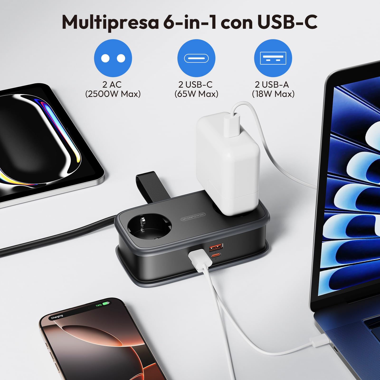 NTONPOWER Ciabatta Elettrica con USB-C 65 W PD, Ciabatta Multipresa con 2 Schuko, Spina Piatta, Presa Multipla USB, Ricarica Rapida, 2500 Watt, 1,5 m, Nero